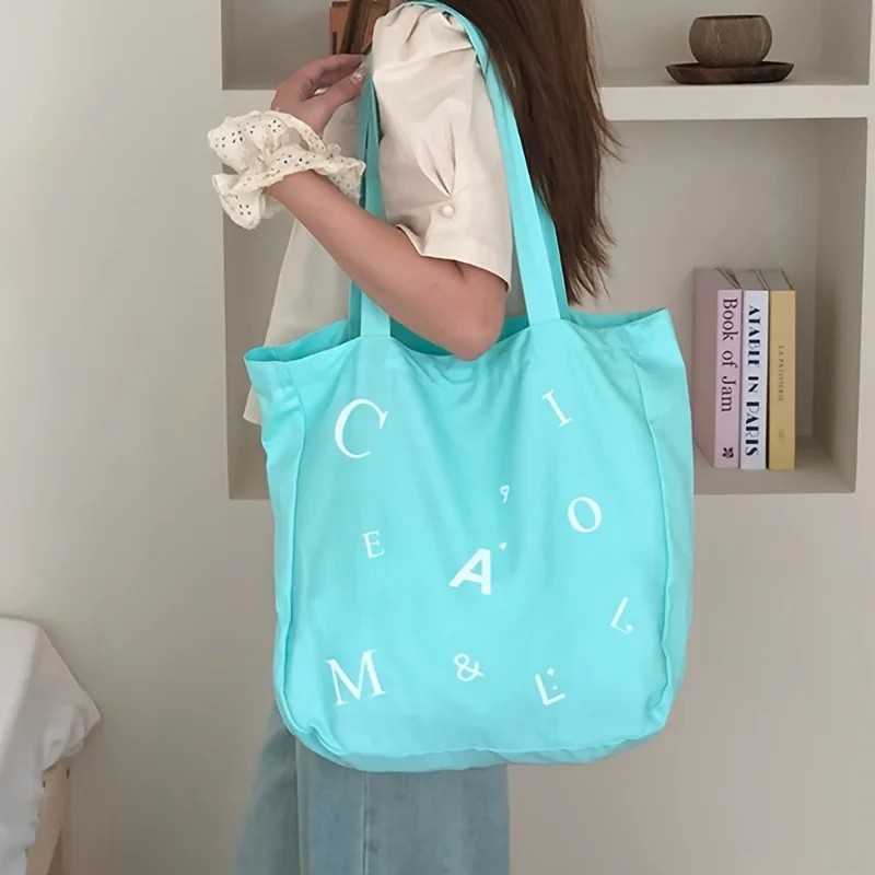 

New dopamine colored letter printed commuting tote bag, shopping double-sided shoulder bag