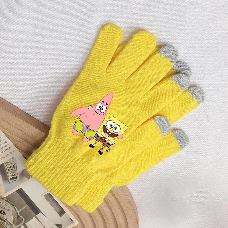 

Вязаные перчатки Спанч Боб для мальчиков и девочек, перчатки с сенсорным экраном, зимние теплые аксессуары для улицы, подарок на день рождения для детей