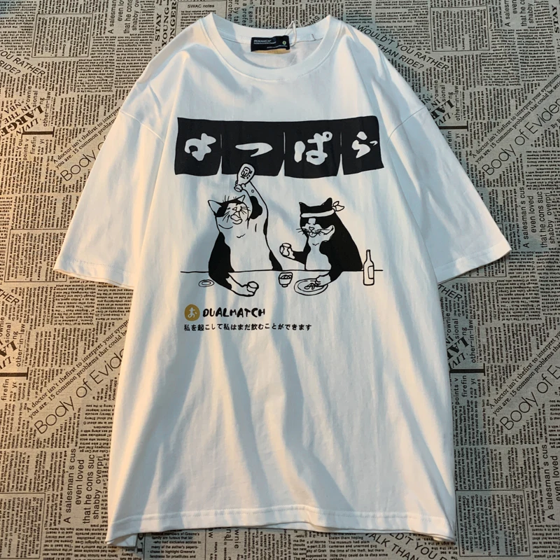 Original Japanese Retro Cat Print Pure Cotton Short Sleeved T-shirt For men\'s women\'s Trendy Street Loose Couple t-shirt