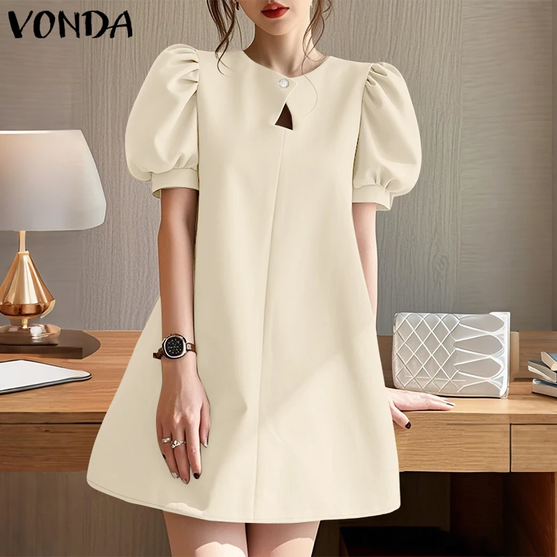 VONDA élégant Mini robes 2025 femmes été à manches courtes Robe d'été mode manches bouffantes évider décontracté solide Robe coréenne