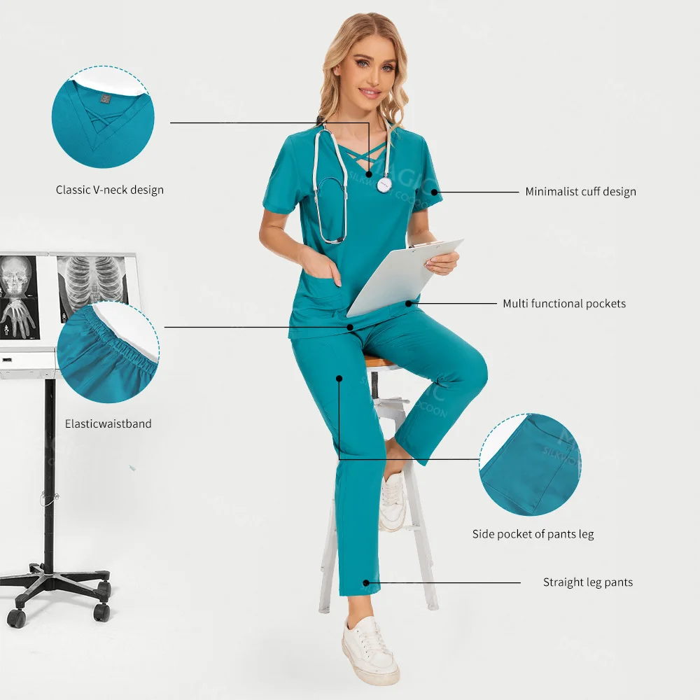 Uniformes médicos de alta calidad, conjunto de ropa de trabajo Unisex con cuello en V, Tops quirúrgicos y pantalones, ideal para el cuidado de mascotas