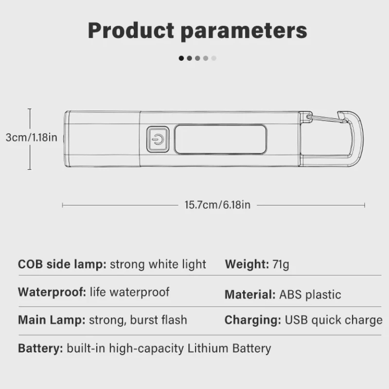 مصباح يدوي صغير محمول، COB فائق السطوع، ضوء LED جانبي، قابل لإعادة الشحن عبر USB، قابل للتكبير، تصميم بخطاف، مقاوم للماء للتخييم وصيد الأسماك