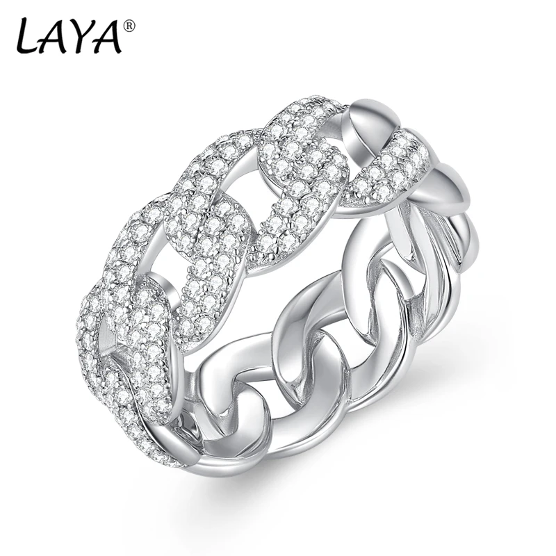 

LAYA 925 Sterling Silver Cuban Link Ring Shining Zircon Punk Chain Finger Rings for Women Men Big Size Couple Ring Fine Jewelry