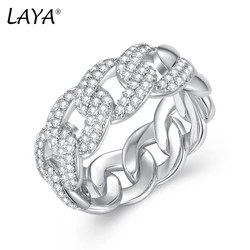 LAYA 925 Sterling Silver Cuban Link Ring Shining Zircon Punk Chain Finger Rings for Women Men Big Size Couple Ring Fine Jewelry