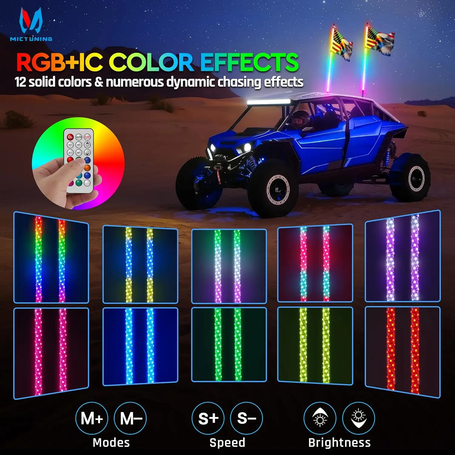 1pc 3ft Spiral LED Whip Light RF Remote Control, RGB Chasing Lighted with Rocker Switch, for UTV ATV Polaris RZR Can-Am SXS