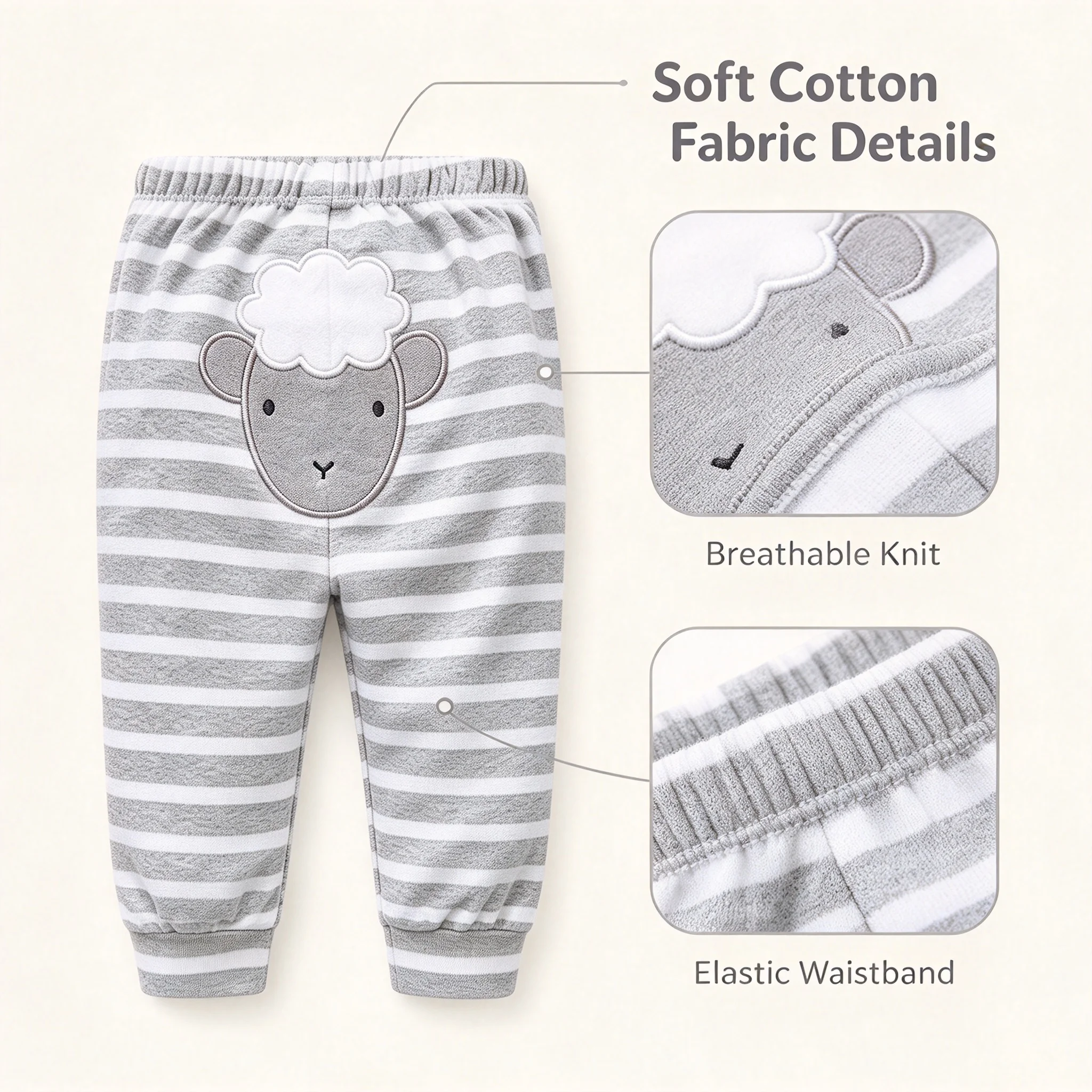 Cute Sheep Embroidery Baby PP Pants Soft Cotton Striped Infant Hip Pants Elastic Cuff Casual Toddler Harem Trousers 3-24 Months
