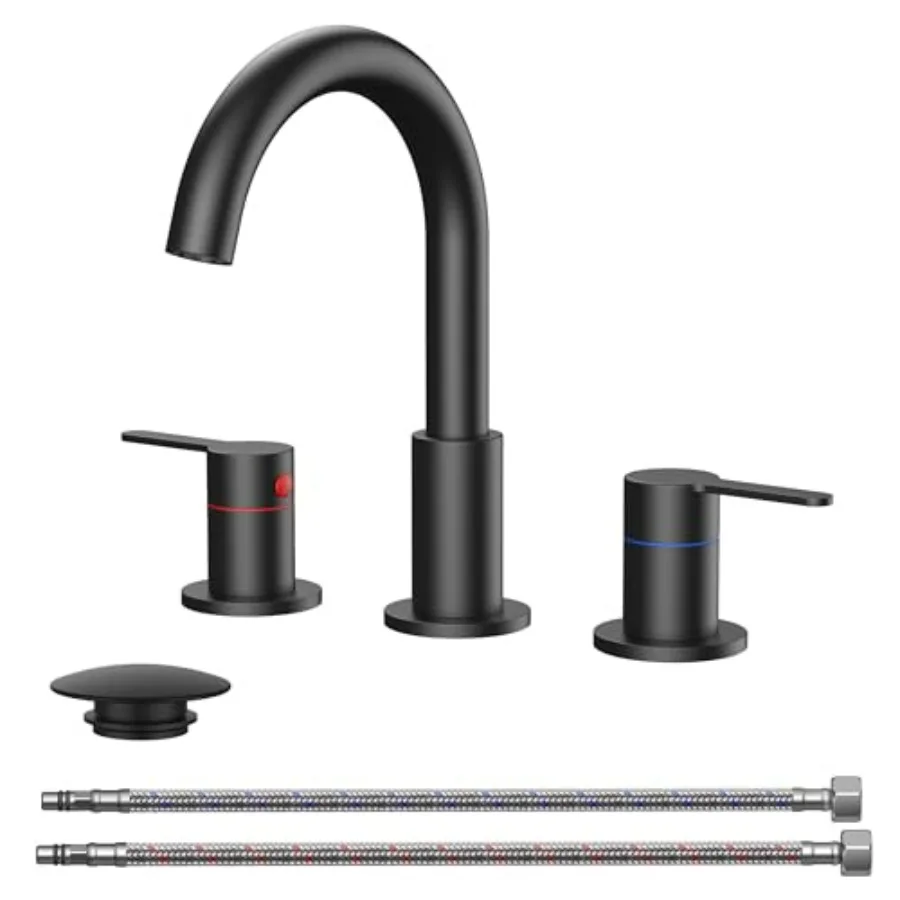 

Matte Black 3 Hole 8 Inch Widespread Bathroom Faucet with Aerator 2 Handle 360 Swivel High Arc Spout Spot-Free Finish cUPC NSF