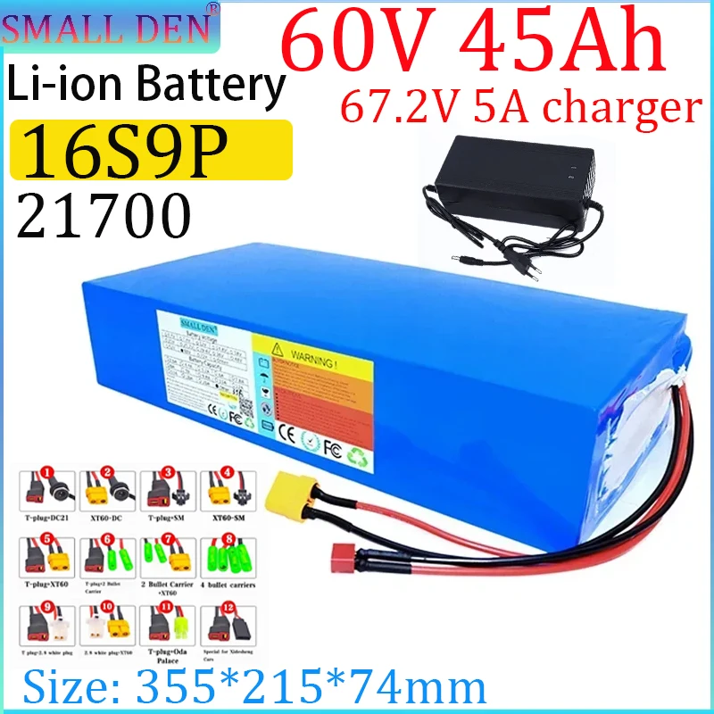 

60V 45Ah 21700 16S9P lithium battery pack 45000mAh with built-in 50A BMS, suitable for outdoor travel camping battery+charger