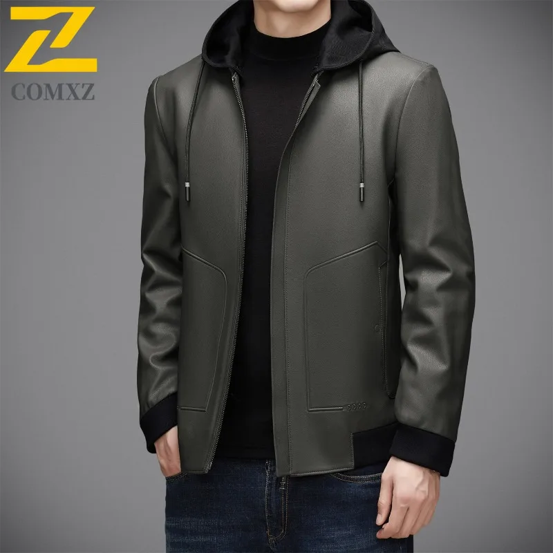 Herbst Neue Lederjacke Männer 2025, Mode, Klassisch, Dünn, Weich, Abnehmbare Kapuze, Ledermantel, Business Casual, Leichte Oberbekleidung