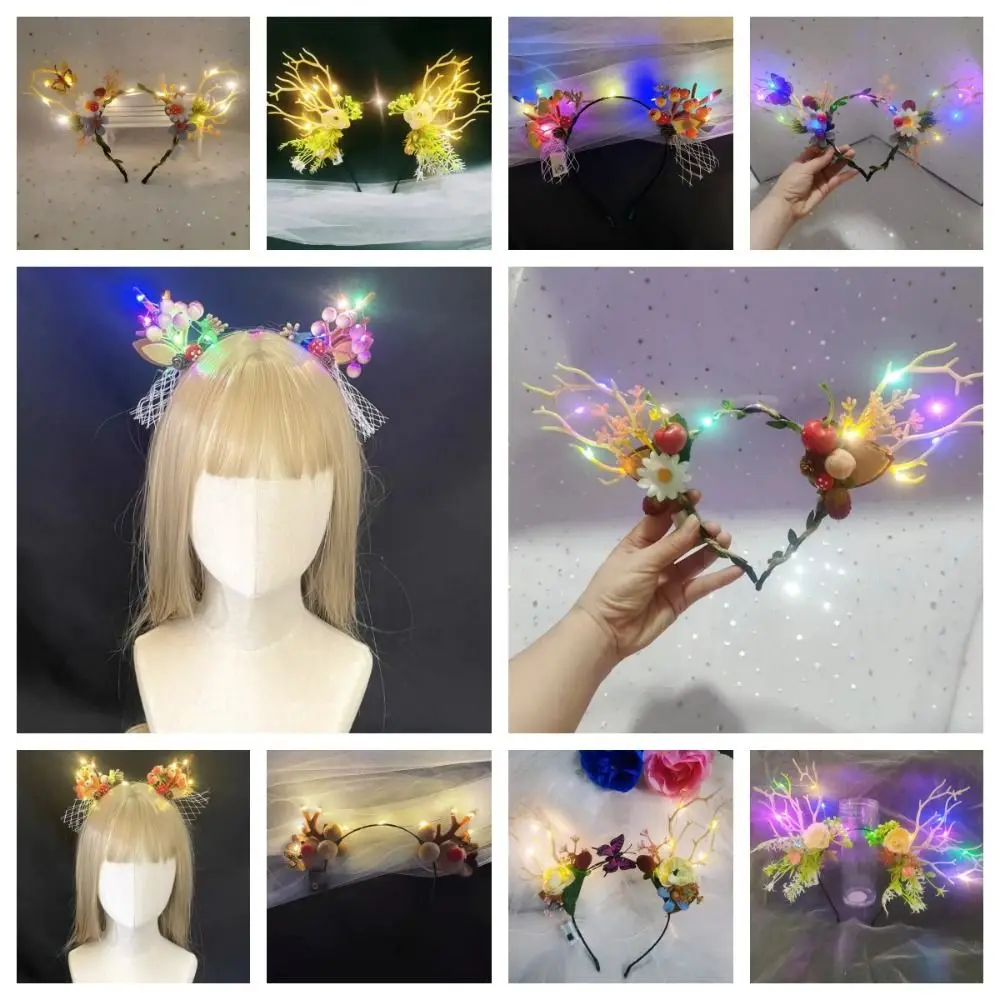 

Funny LED LED Christmas Headband Luminous Hair Hoop Deer Ear Antler Headband Flower Head Wear Glowing Headband Girl