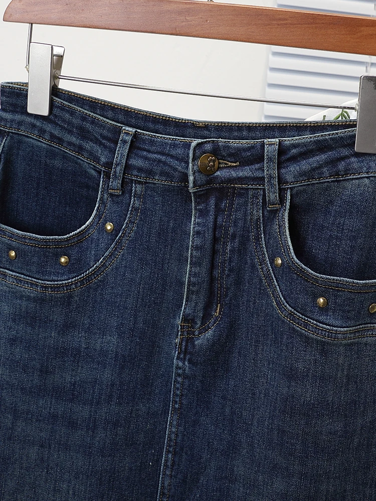 Gonna a trapezio midi in vita elastica ampia Gonne f-lunghezza in denim per gonne coreane comode e traspiranti da donna taglie forti