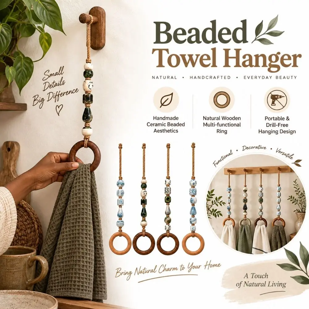 Wooden Ring Beaded Towel Hanger Loop Hanging Strap Colorful Beads Towel Hanging Loop Bathroom Accessories Decorative Style
