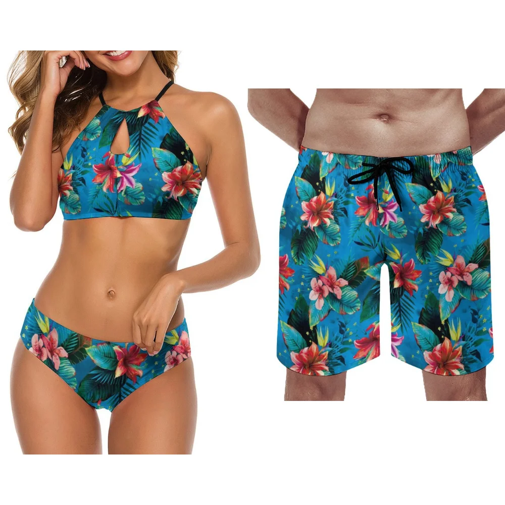 Retro Polynesian Custom Surfing Set Beach Couple Swimsuit Party Traditional Ethnic Print Couple Swimsuit Bikini