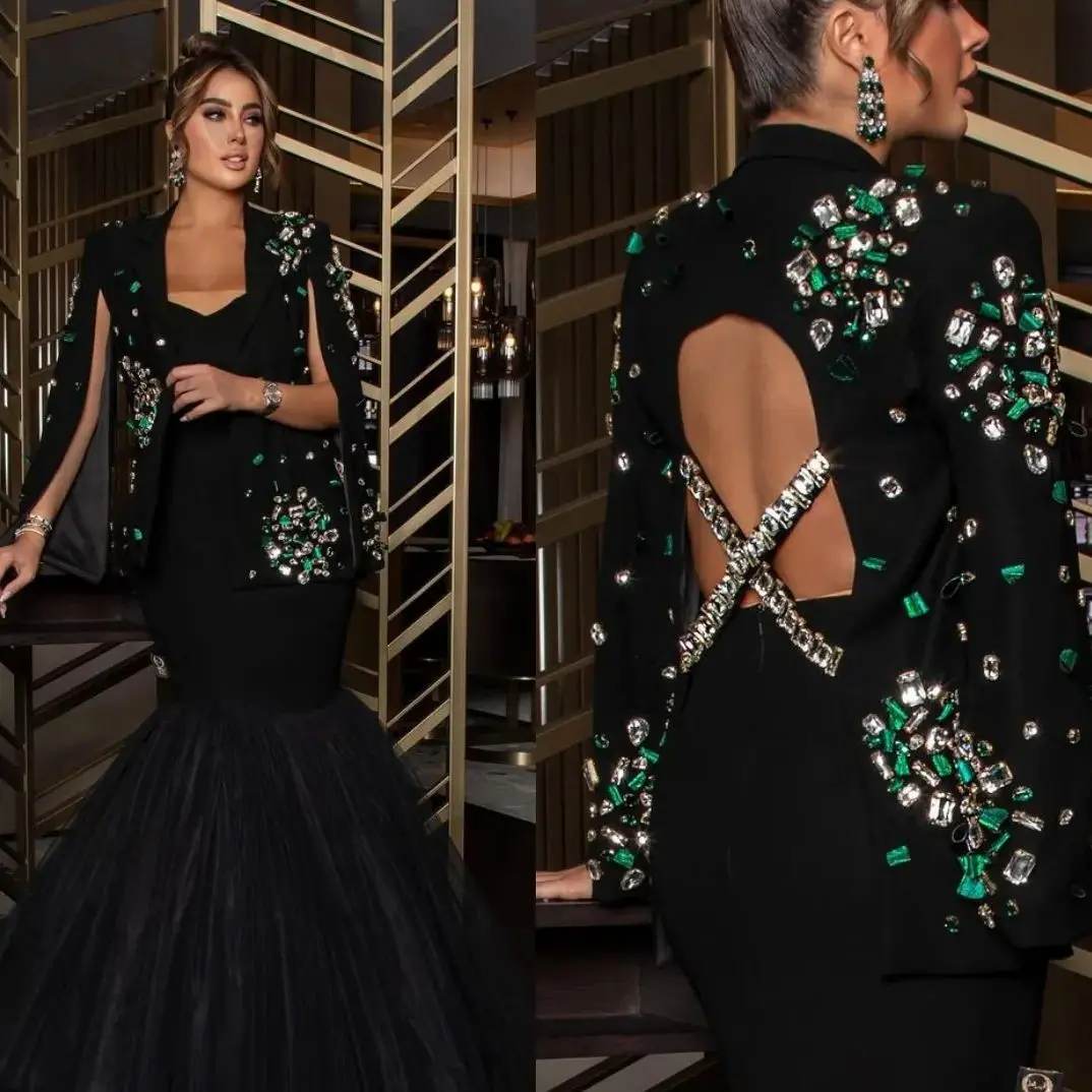 Luxury Evening Dresses Green Crystal Beads Mermaid Prom dress Jacket Backless  Saudi Arabia Women\'s Formal Wedding Party Gowns