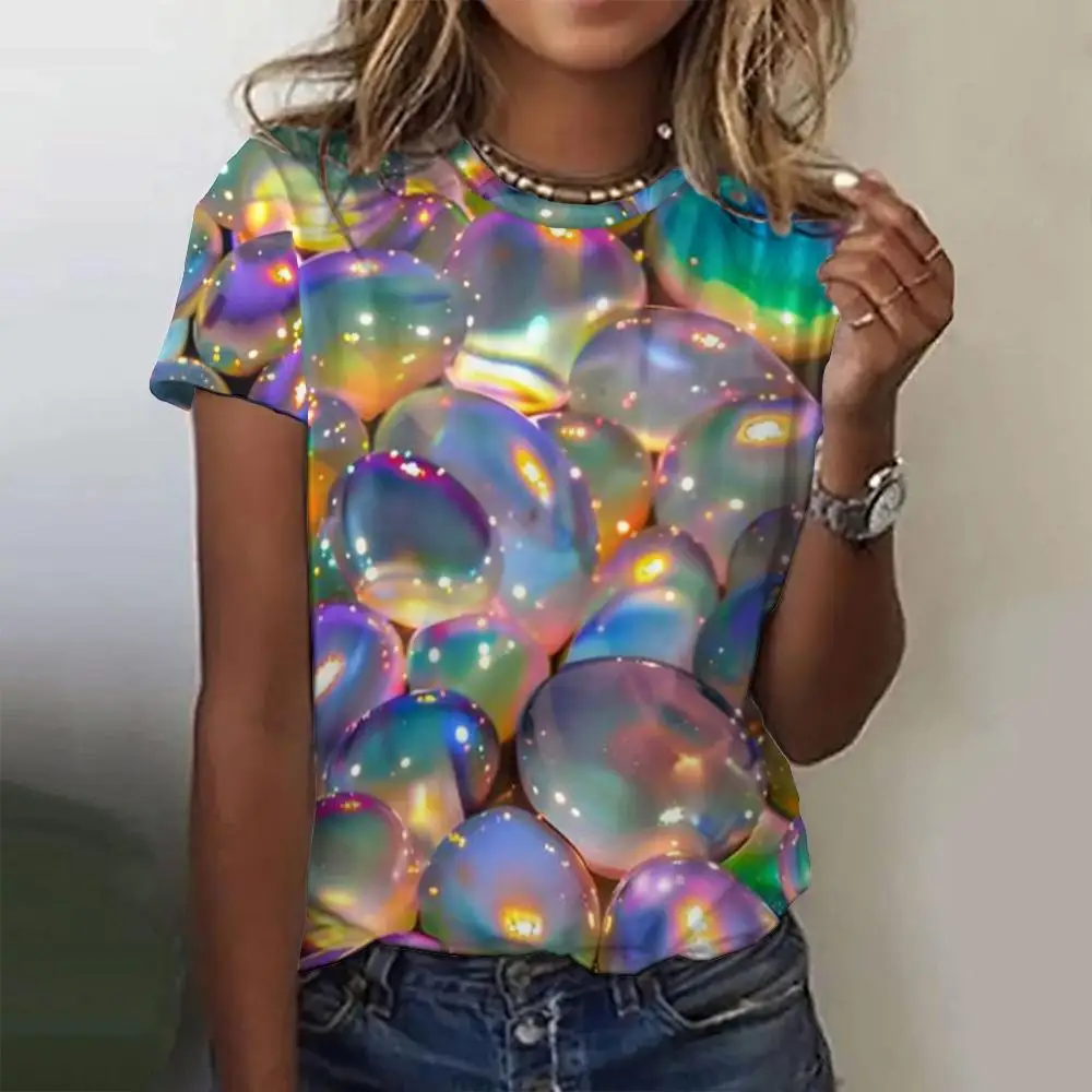 Summer Colored Crystal Ball 3D Print T-shirts Women Streetwear Casual Fashion Y2k Short Sleeve T Shirt O-neck Tees Tops Clothing