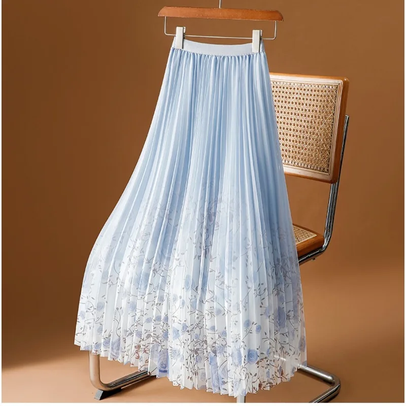 

Женская летняя плиссированная юбка с цветочным принтом, высокая талия, А-силуэт, струящаяся миди-юбка, повседневная шифоновая юбка