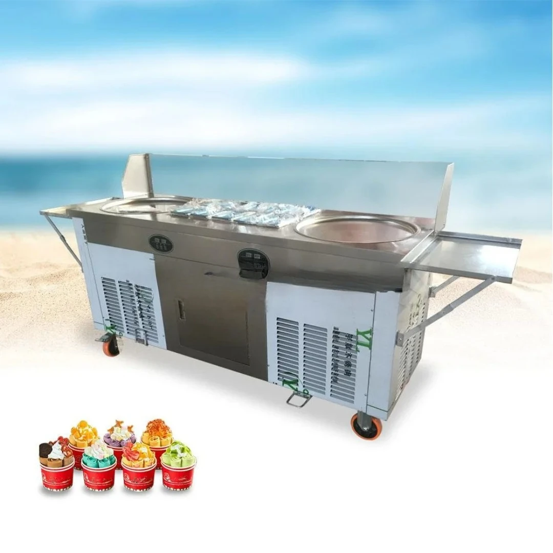 #Commercial Double Compressor Yogurt Porridge Milk Fruit Frying Machine Ice Cream Roll Machine Ice Cream Roll Machine