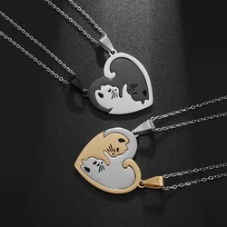 Stainless Steel Hug Cute Pet Cat Couple Pendant Necklace for Women Girls Fashion Exquisite Gift