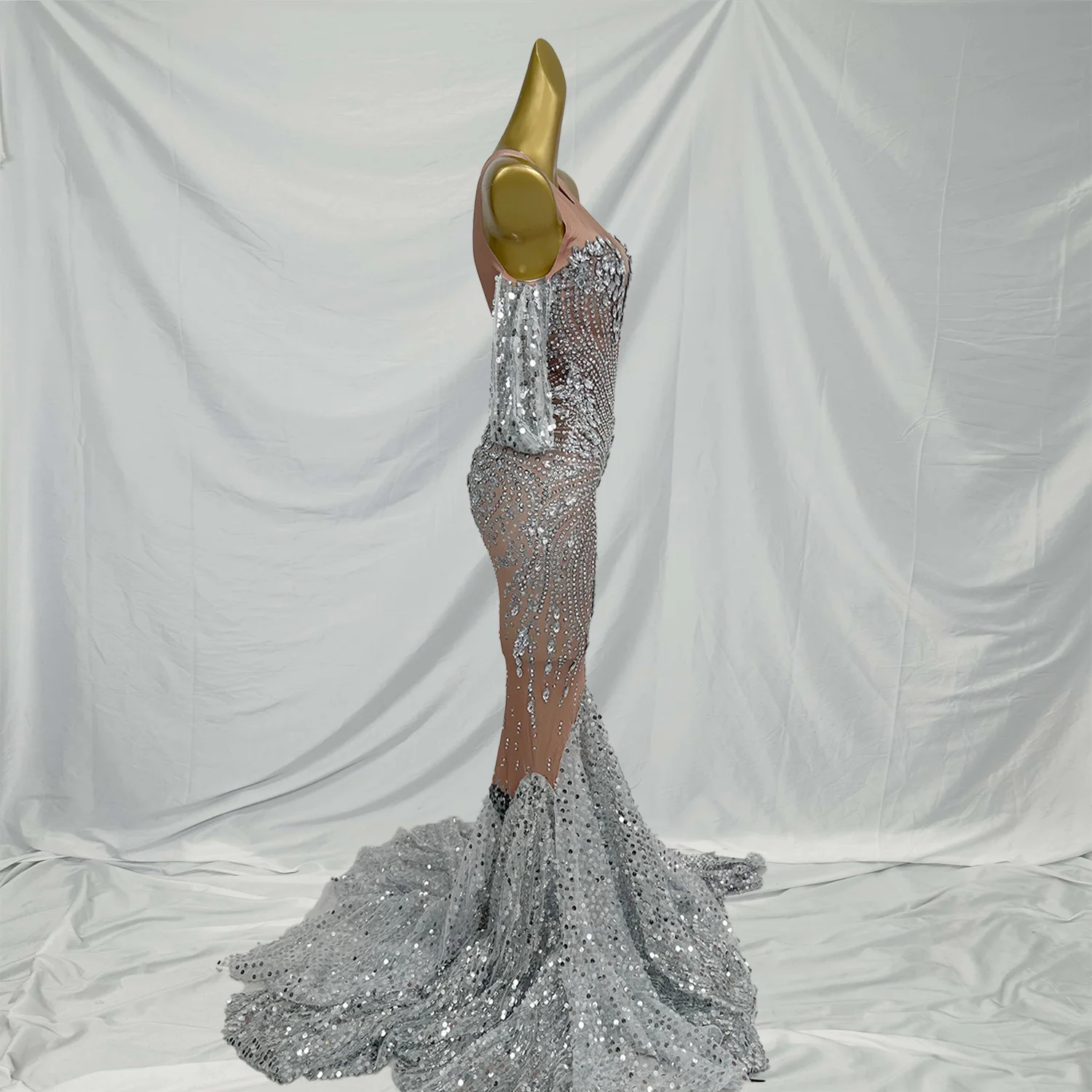 Lipao Popular brillante lentejuelas de cristal elegante vestido de rejilla fuera del hombro vestido de novia vestidos de mujer para fiesta y boda