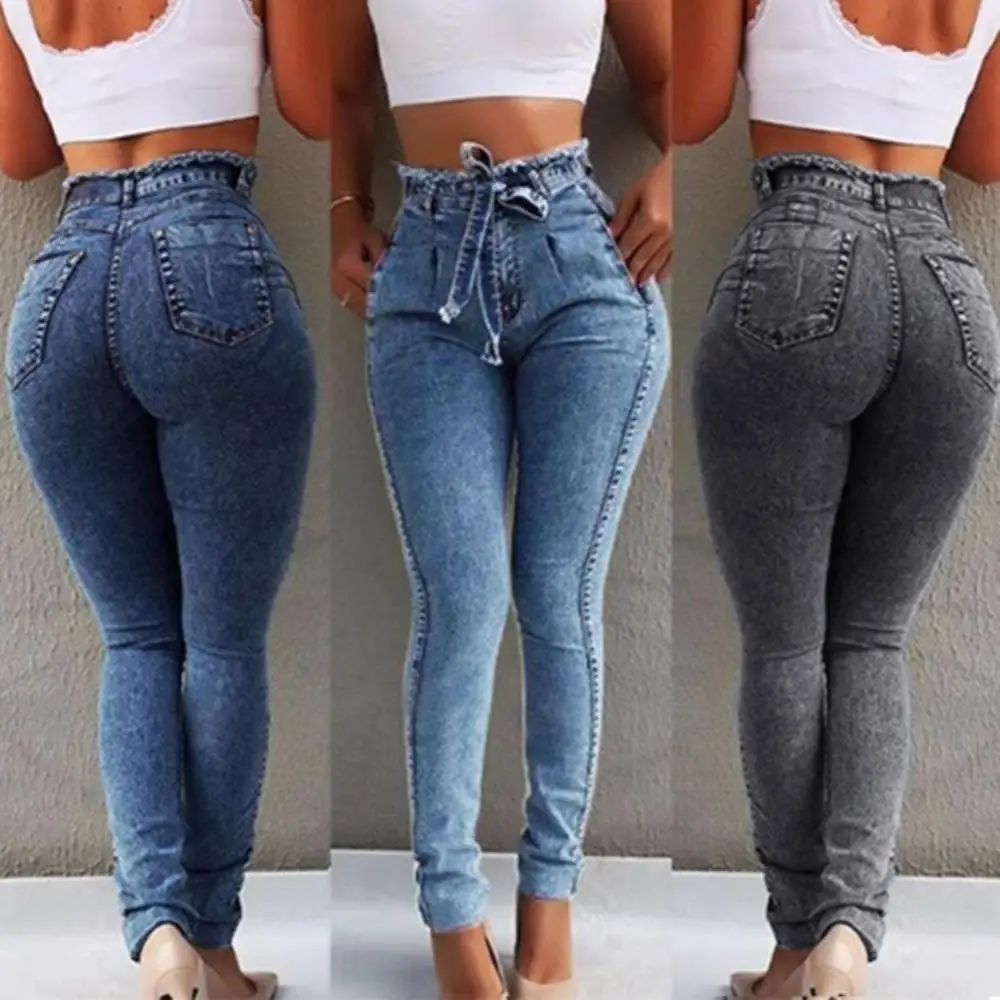 Skinny Jeans High Waist Plus Size Fashion Pants Women Pants Long Denim Women 2019 New Belted Stretch Tassel belt for Pants