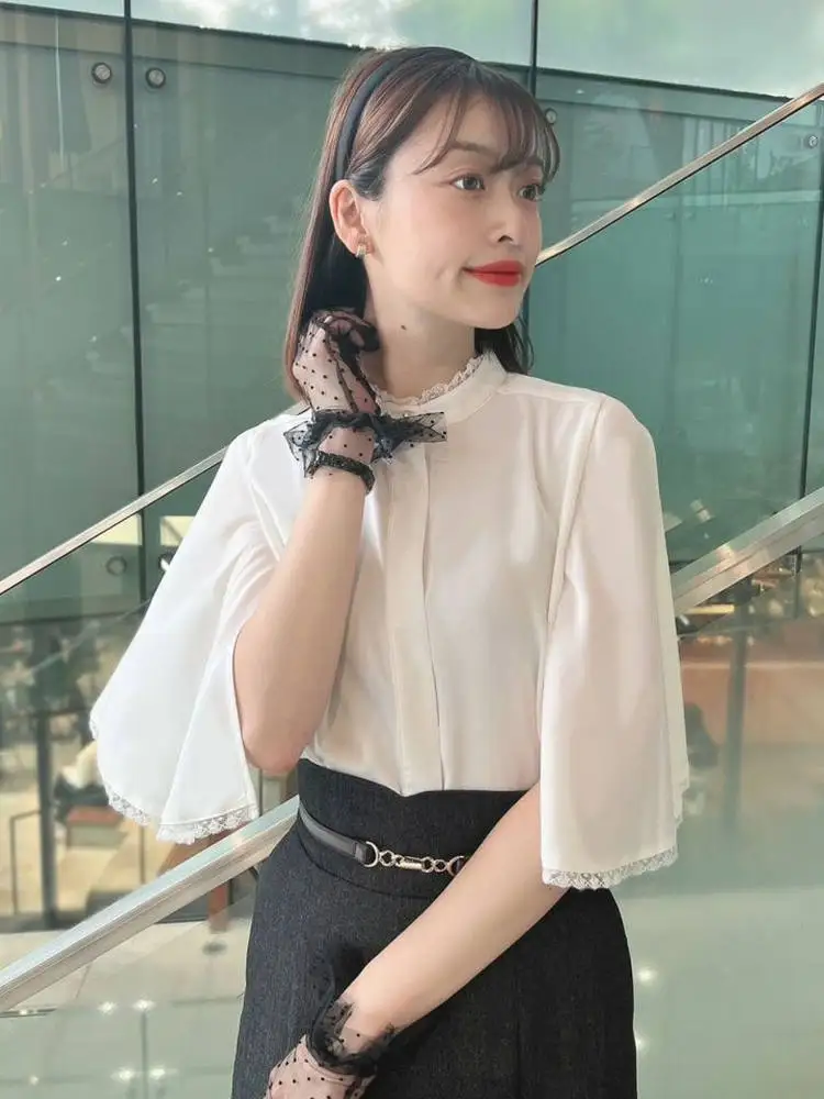 

Silky Smooth Lace Trimmed Cape Sleeve Shirt Stand Collar Five Sleeve Women's Fashion French Style Draping Polyester Fiber Shirt