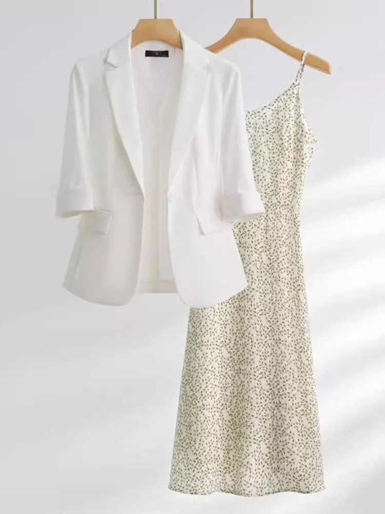 White Suit Jacket Women Summer Thin Seven Sleeve Top 2026 New Super Beautiful Dress Suit Set Commute Style Slim Fit Polyester