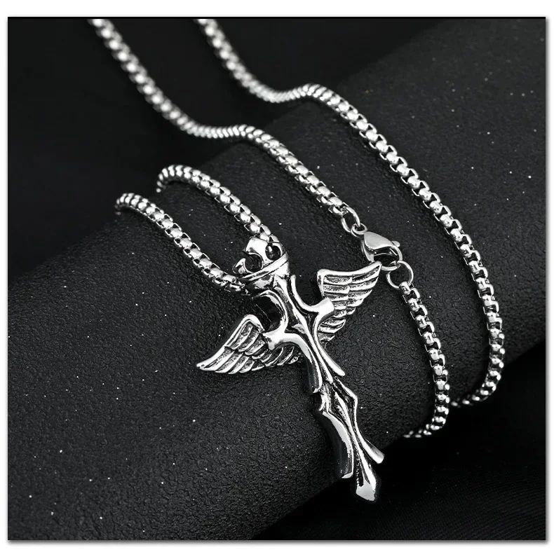 

Brand-new Angel Wing Cross Cool titanium steel necklace, street pendant hip-hop punk trend necklace