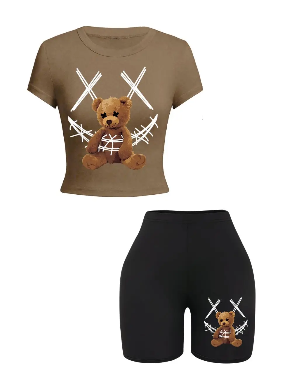 Casual Womans Crop Tops & Shorts Two Pieces Set Cartoon Bear Bound Funny Printing Tees Soft Slim O-Neck High Elastic Clothes