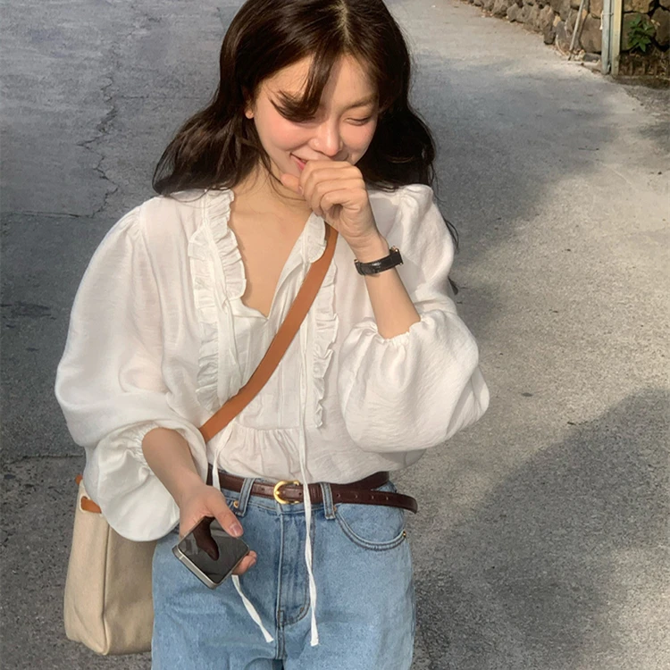Chic White Bubble Sleeve Shirt Women's V-neck Splice Wood Grain  Loose Top Korean Style Spring Early Fashion Design