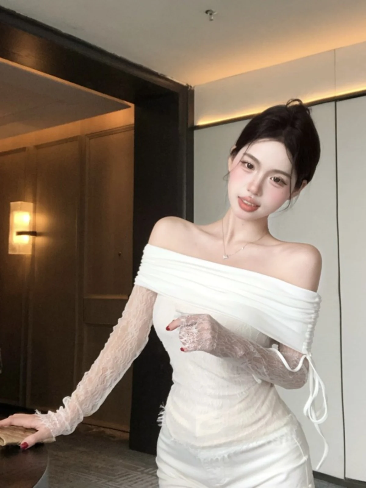 Zuivere Wol Kant Splice Baskische Taille Een schouder Lange Sve T-shirt Vrouwen Sexy Pittige Meisje Basis irt ort Lengte Ultra ort