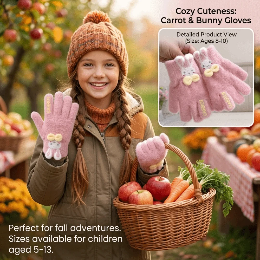 Faux Alpaca Wool Rabbit Bow Knitted Gloves Writing Comfort Fit Warm Lining Full Finger Gloves Stretchy Kids Writing Gloves
