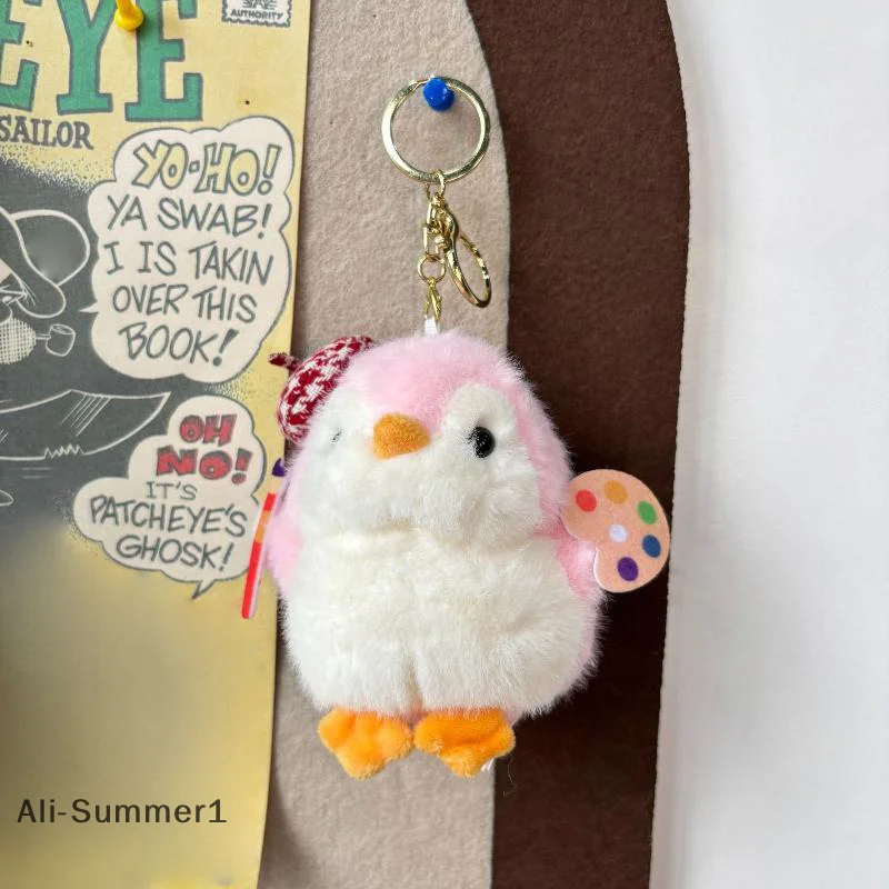 【E】Cute Little Painter Penguin Plush Keychain Stuffed Doll Keyring Bag Pendant Backpack Hanging Decoration Christmas Gifts