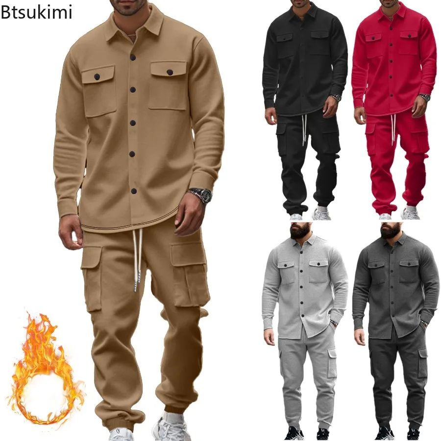 

2025 Men's Tactical Hunting Jacket Shirt Set Velvet Warm Heavy-Duty Outdoor Sports Pants Lined Business Casual Overalls for Men