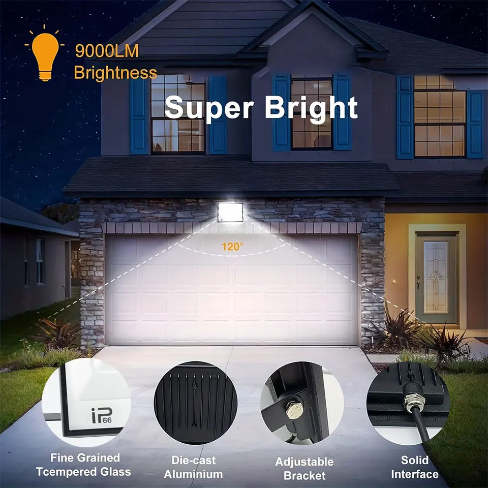 IP66 LED Floodlight AC175-265V 20W 30W 50W 70W 100W 150W200W300W Waterproof Outdoor Projector Tempered Glass For Garage Lighting