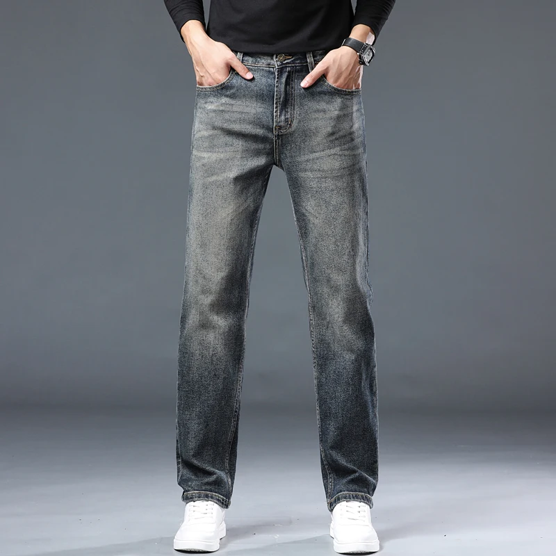 2024 fall new high-end European goods nostalgia retro jeans men's straight Korean tide elastic men's pants