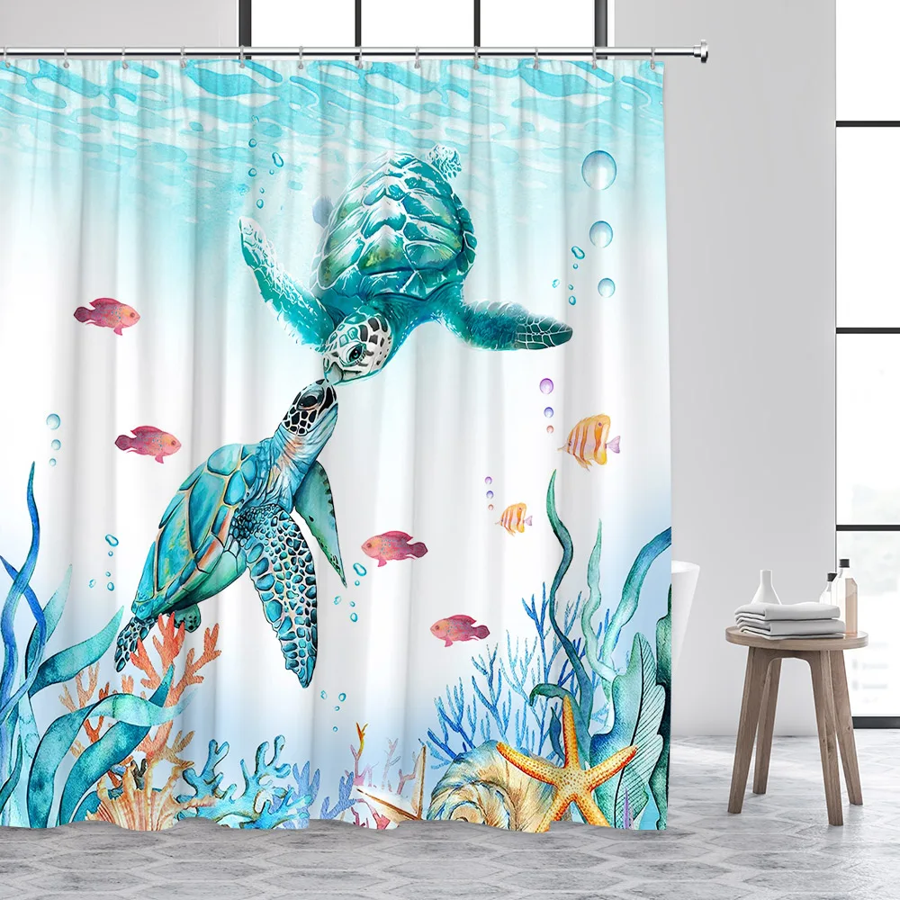 Ocean Sea Turtle Shower Curtains Seahorse Octopus Starfish Seagrass Diving Cat Marine Animals Bathroom Curtain Fabric Home Decor