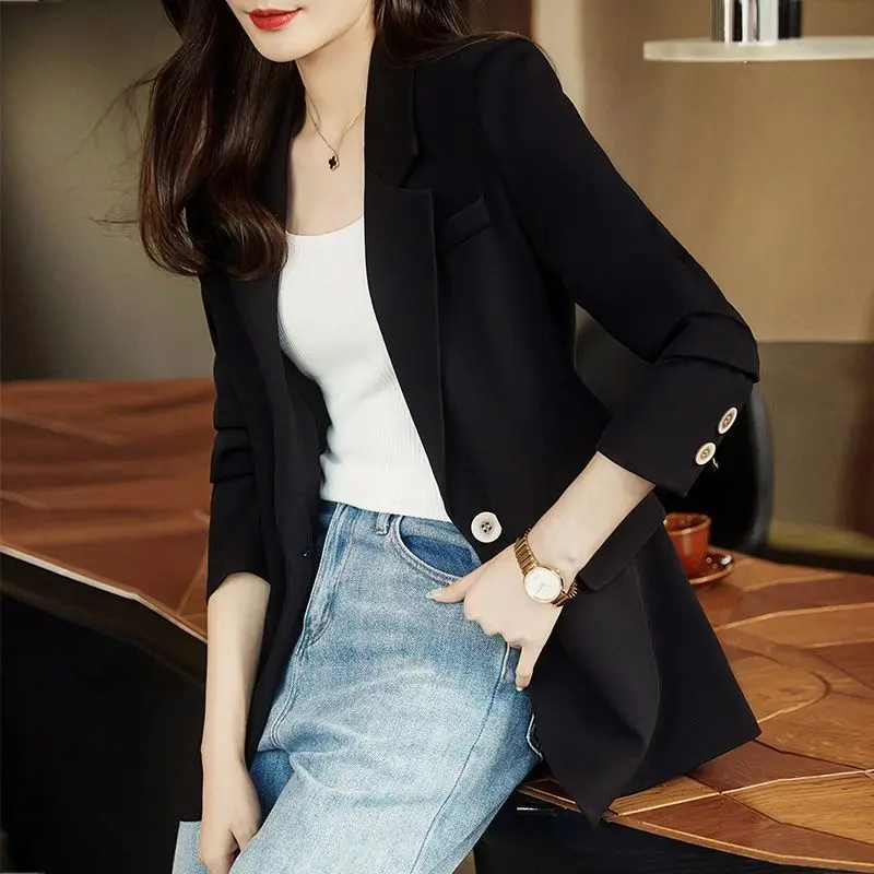 Office Lady Korean Fashion Business Casual Single Button Blazers Spring Autumn Women Notched Neck Long Sleeve Slim Suit Jackets