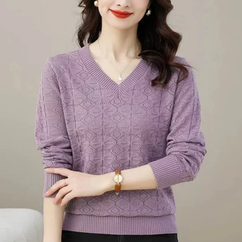 Spring Autumn New Fashion V-neck Long Sleeve Solid Color Women\'s Clothing Pullovers Loose Casual Simplicity Knitting Sweaters