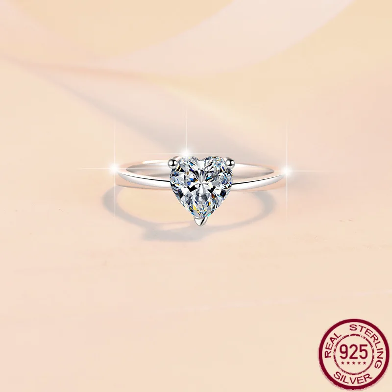 

New Moissanite Heart Shape Pure Silver Ring for Women 1 Carat Love Ring Plated Pt950 Fashion Sweet Ring Engagement Jewel