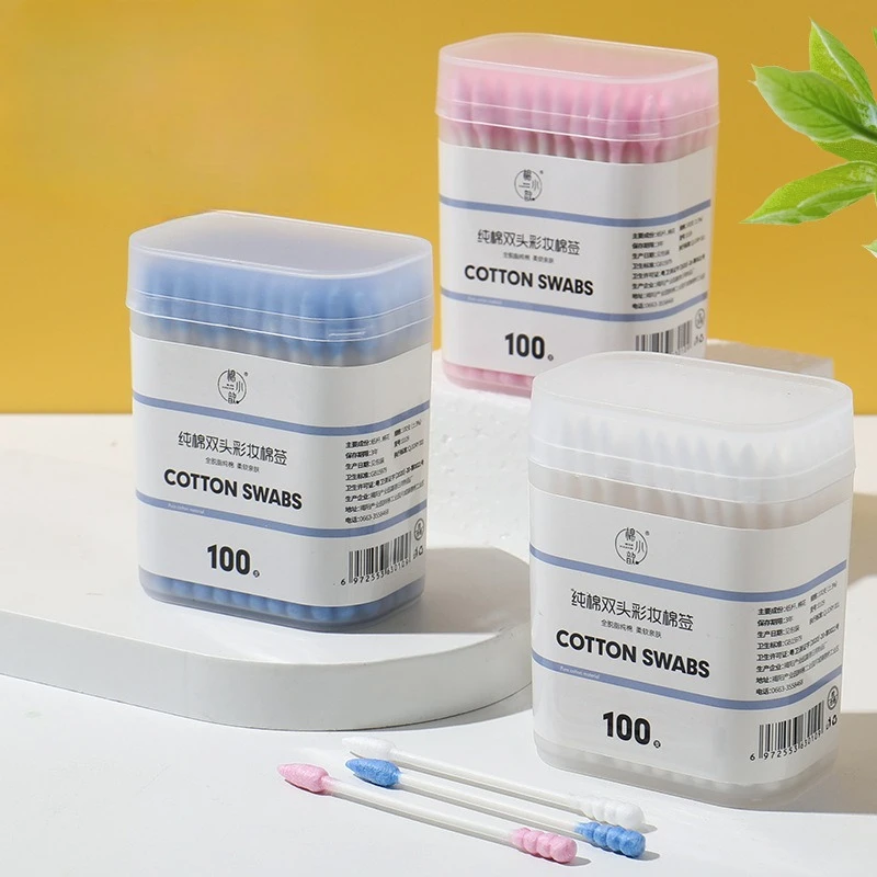 100 Uds. Por caja removedor de maquillaje de Color delineador de ojos limpiador hisopos de algodón puntiagudos en espiral de doble punta