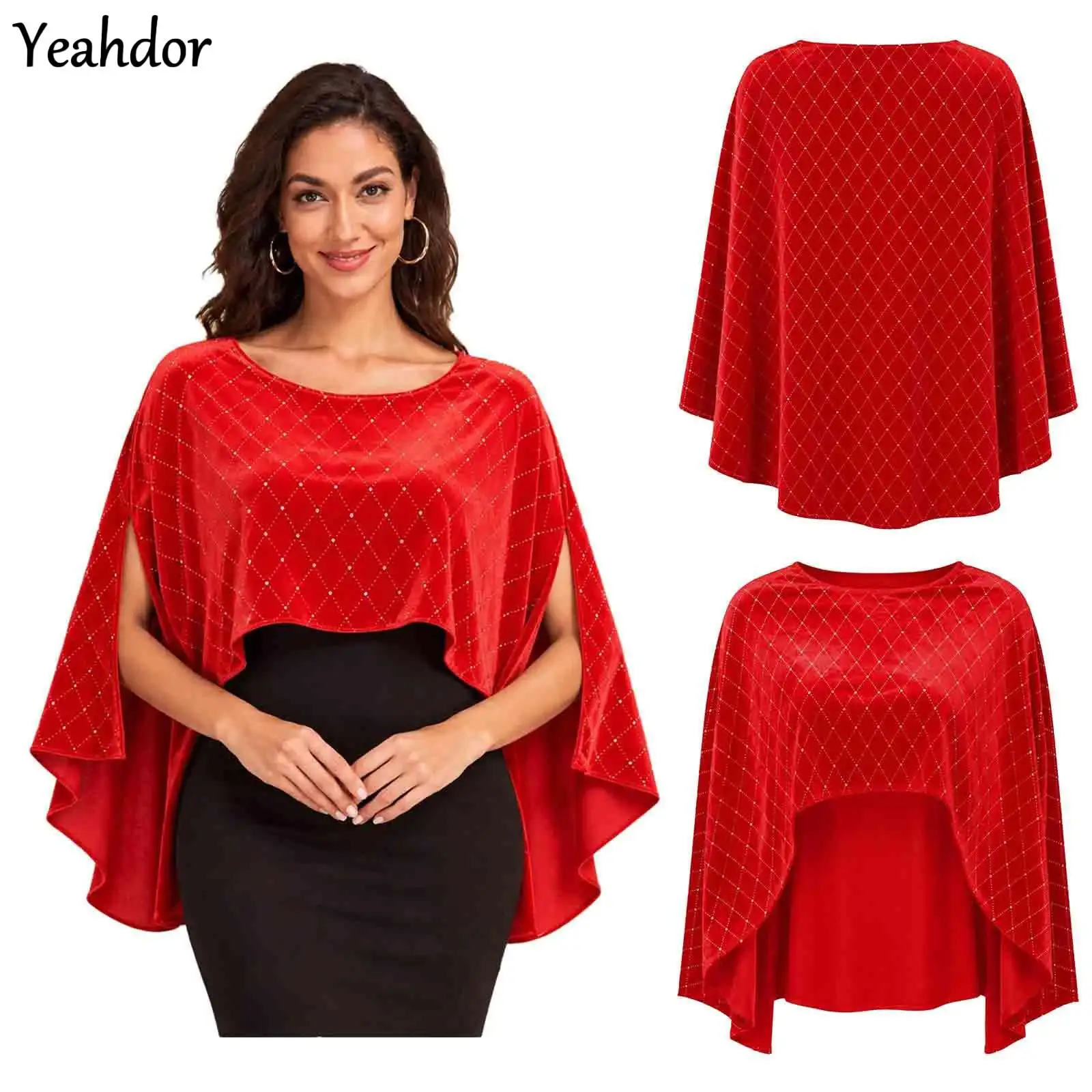 Women Metallic Rhombus Velvet Cape Side Split Asymmetrical Hem Wraps Top for Christmas Evening Party Holiday Celebration Events