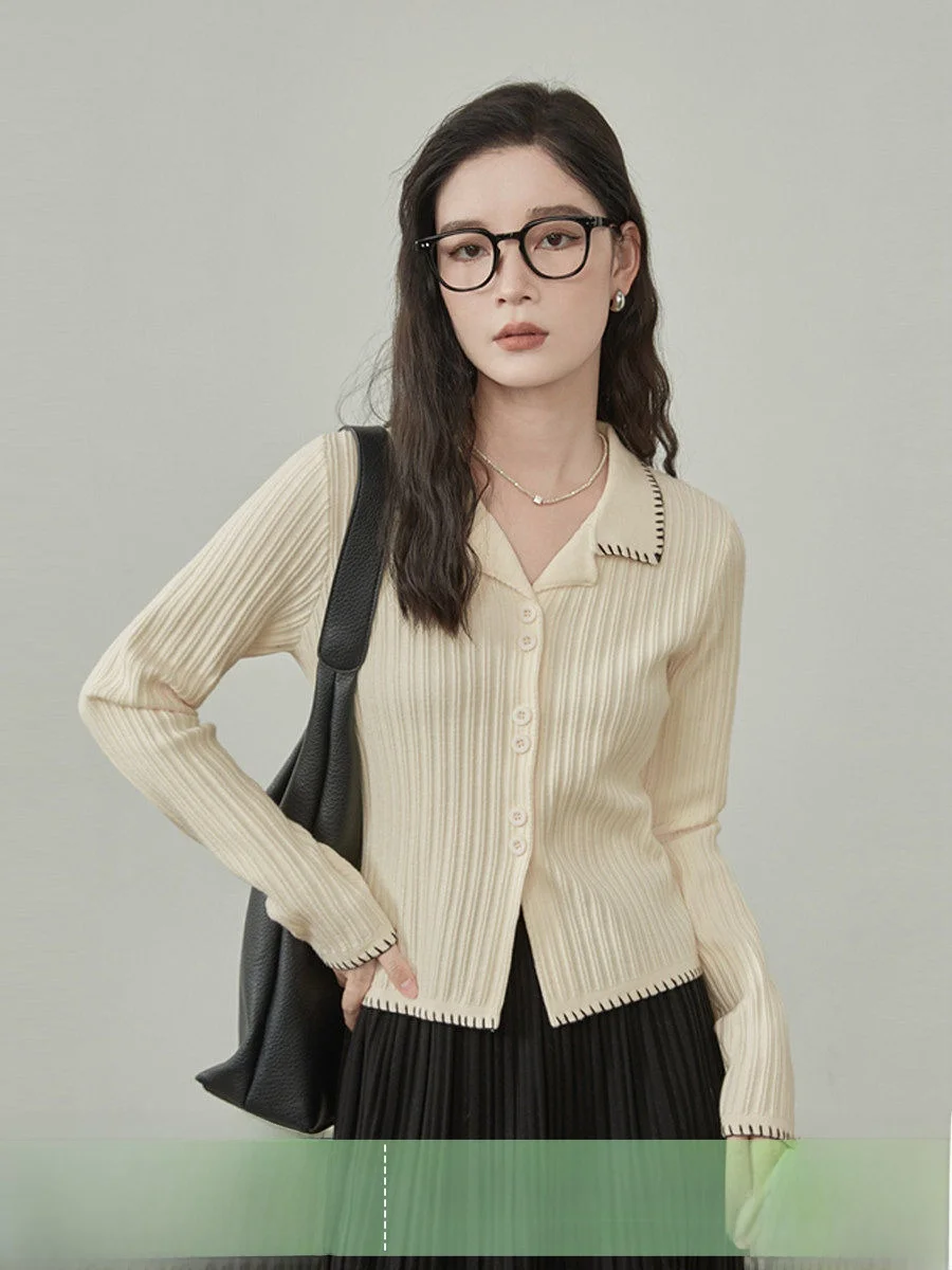 

Cherries Color Versatile Knitted Sweater Women's Slim Fit Inner Wear Spring 2026 Korean Sle Long Sve Collar Cardigan
