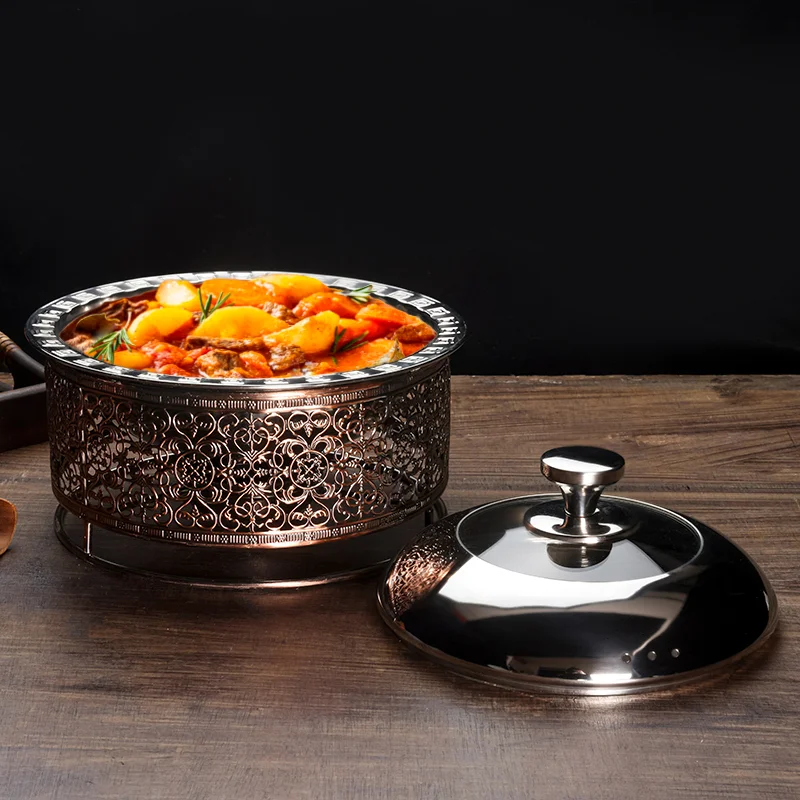 Chinese antique dry pot solid heating stove with lid stainless steel seafood shallow soup pot open stove tableware
