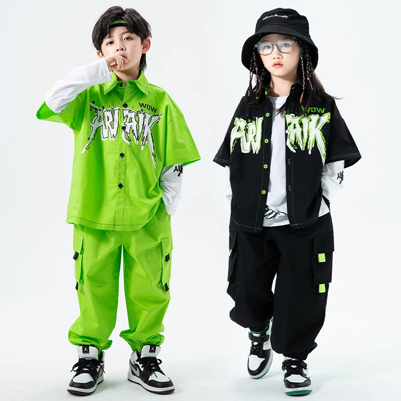 Kids Teenage Hip Hop Clothing Sleeveless Jacket Tops Cargo Jogger Pants For Girls Boys Street Dance Costume Jazz Show Clothes