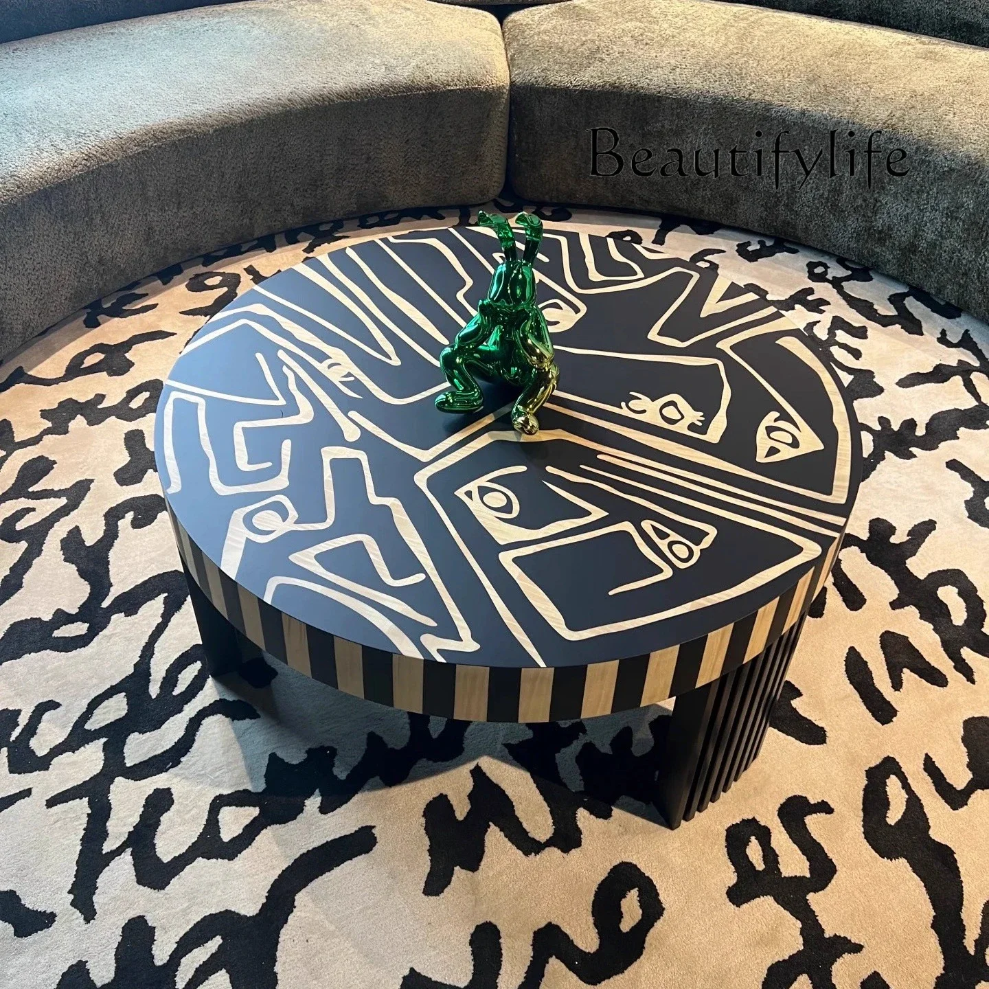 O Creative Old Money Retro Wind Wabi-**** Wind Solid Wood Graffiti Striped Round Coffee Table Antique Designer