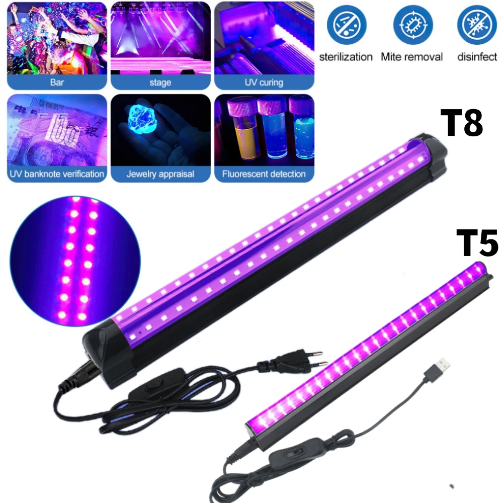 Black Light Tube 5W/10W USB EU/US Plug UV LED Black Light Lamp 395 nm Black Light Bar Light Effect Party Light Stage Lighting