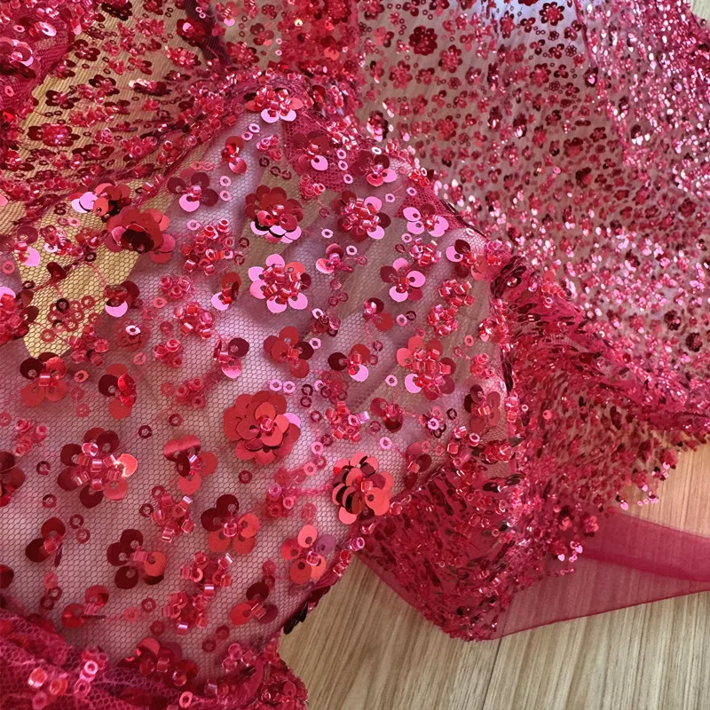 

Elegant Red Sequin Flower Mesh Fabric Glitter Sheer Material Evening Gown Party Dress Stage Wear Wedding Luxury DIY Garment