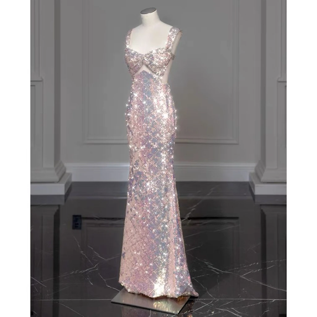 Shiny Pink Mermaid Evening Dresses Bowknot Sequined Beading Detachable Tailing Halter Collar Customize Luxury Prom Gowns 2024