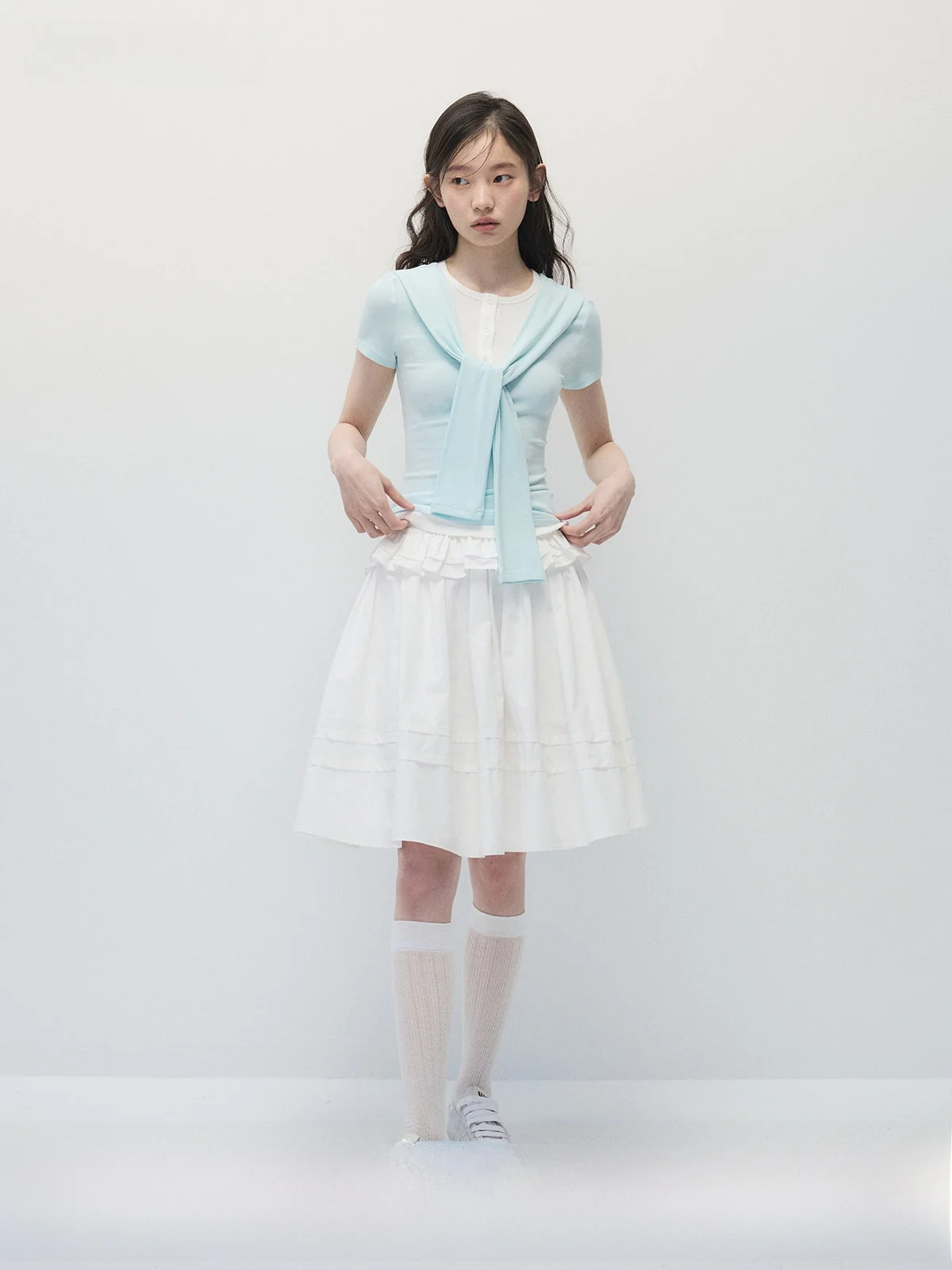Annatto Summer Slimming T-Shirt And A-Line Skirt Set with Wood Grain Ruffle Color Collision Women's High Waist Sweet Style