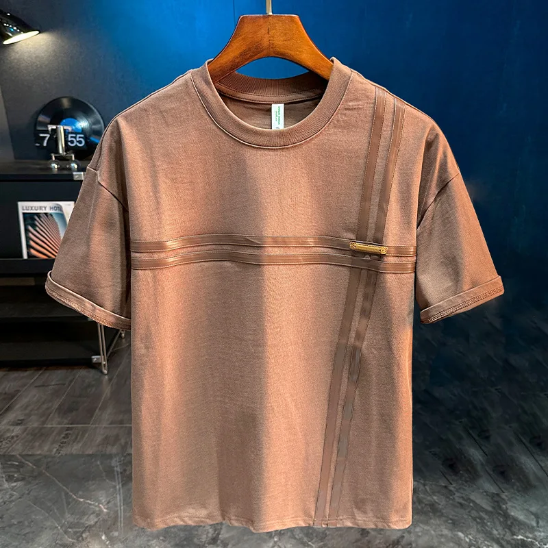 Splicing short sleeved T-shirt with summer print, loose and trendy round neck men's clothing, 2025 new base men's top